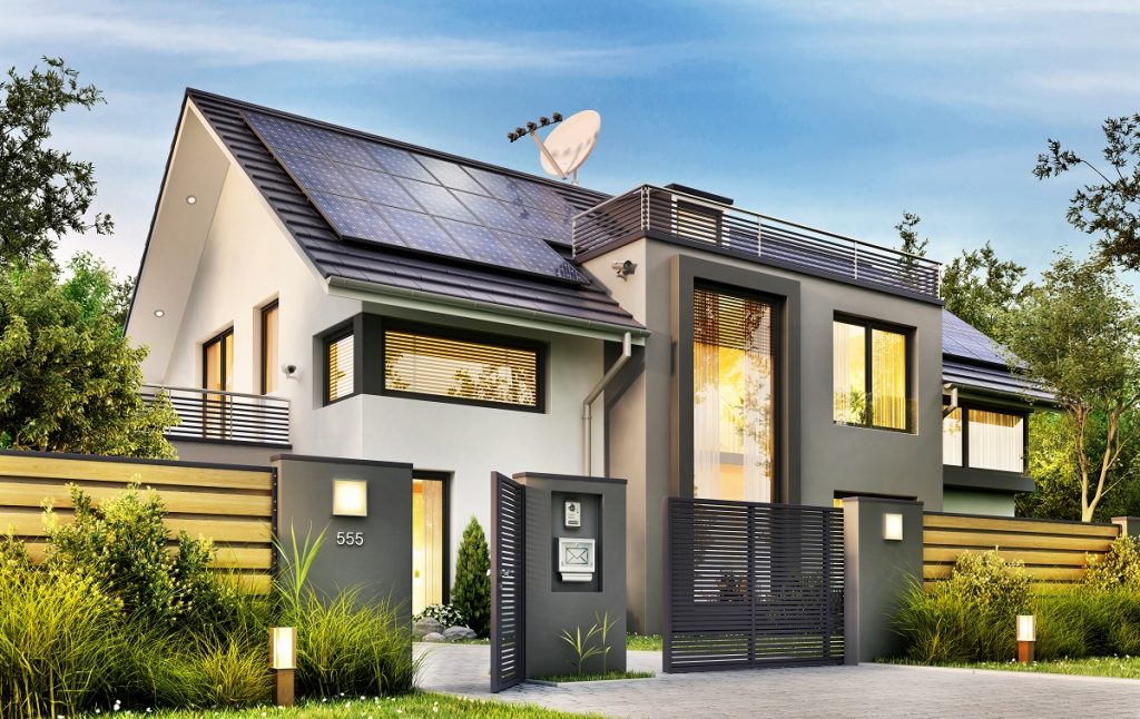 Modern home with solar panel on roof